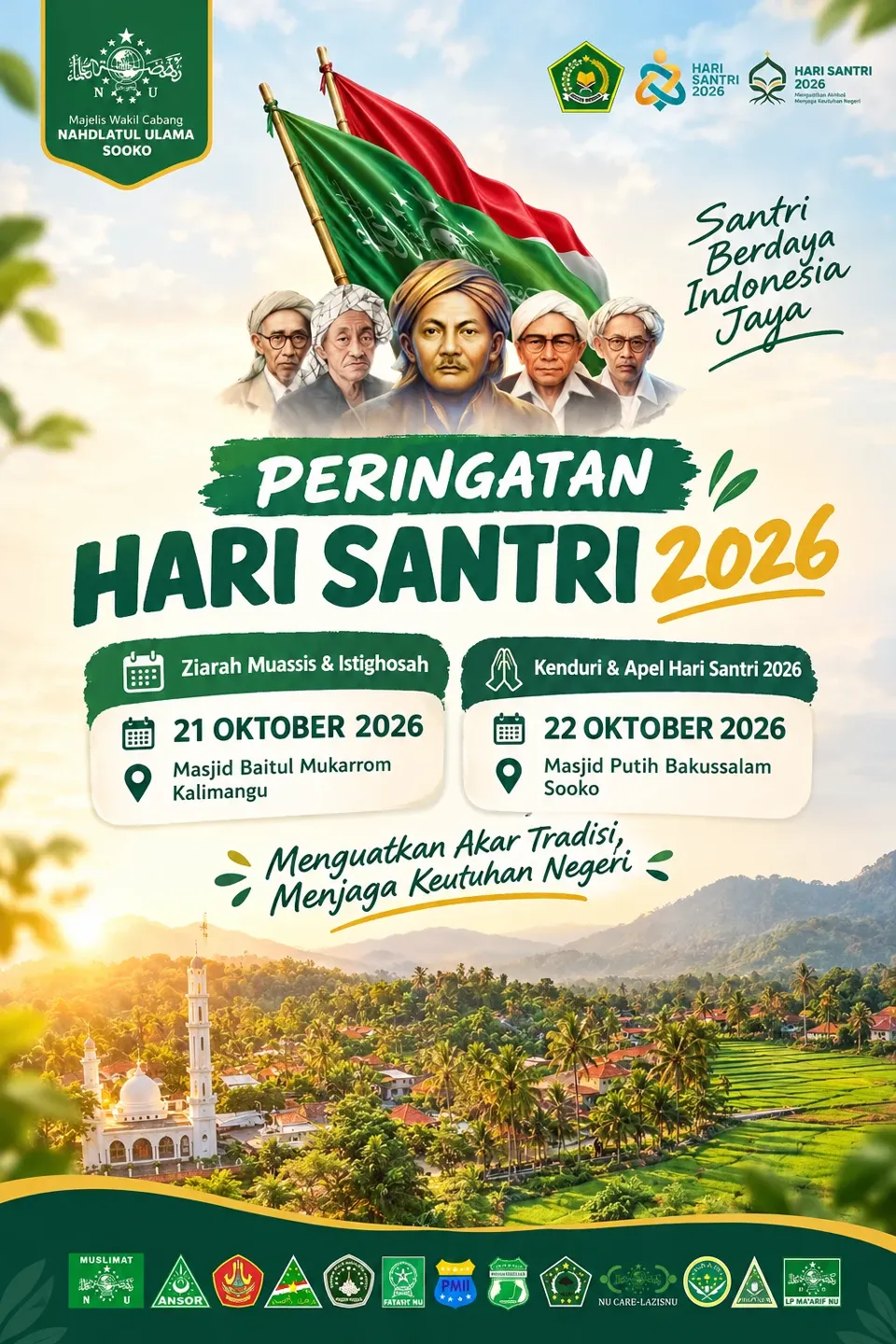 Flyer Peringatan Hari Santri Nasional 2026 yang diselenggarakan MWCNU Sooko pada 21–22 Oktober 2026, dengan agenda Ziarah Muassis, Istighosah, Kenduri, dan Apel Hari Santri.